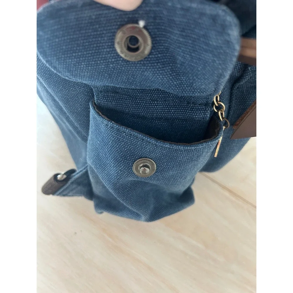 Washed Blue Canvas Sling Backpack One Strap Crossbody Bag Brown Trim Messenger